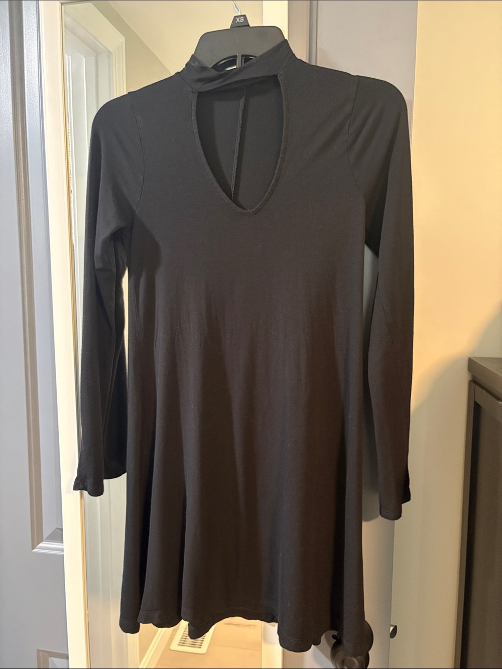 Express Black Long-Sleeve Keyhole Swing Dress with Mock Neck